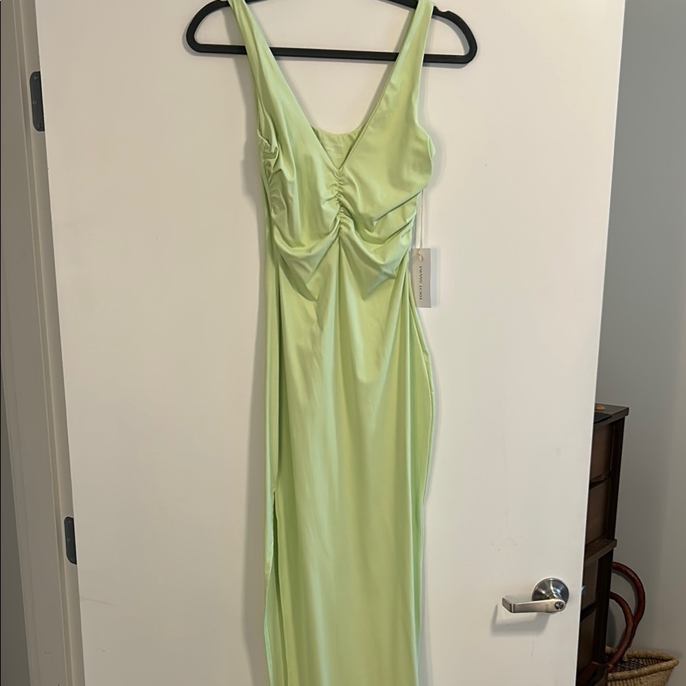 Riot Swim Green Maxi Ruched V-Neck Backless Gown